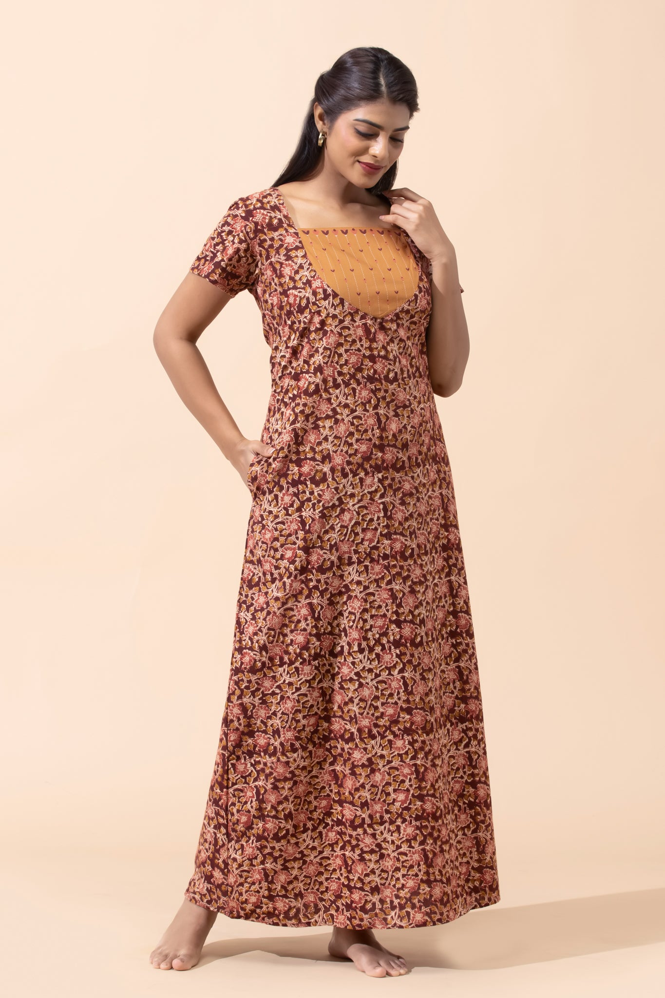 Maroon Kalamkari Cotton Nightwear