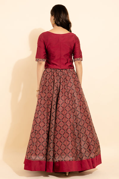 Geometric Embroidered With Foil Mirror Embellished Top Ajrak Printed Skirt Set Maroon