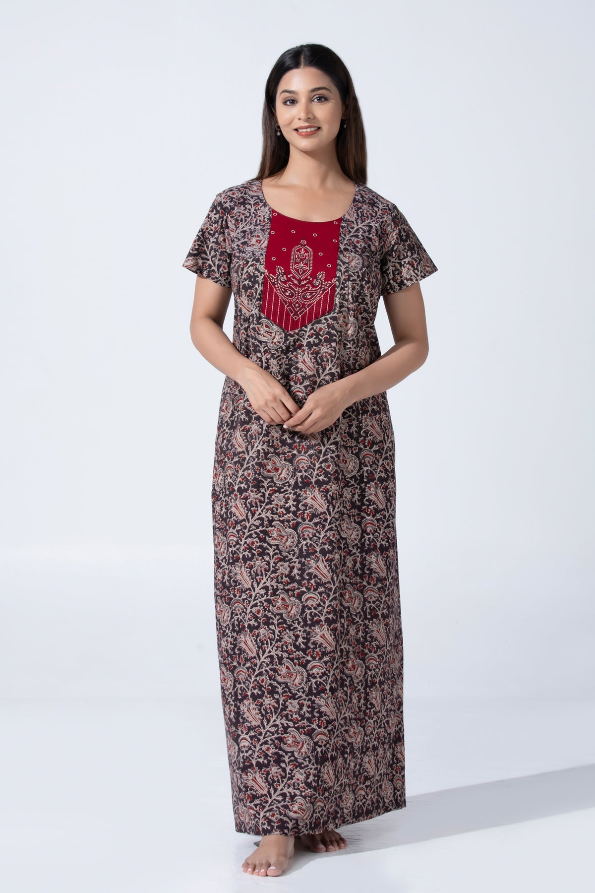 Black Kalamkari Cotton Nightwear With Paisley embroidery