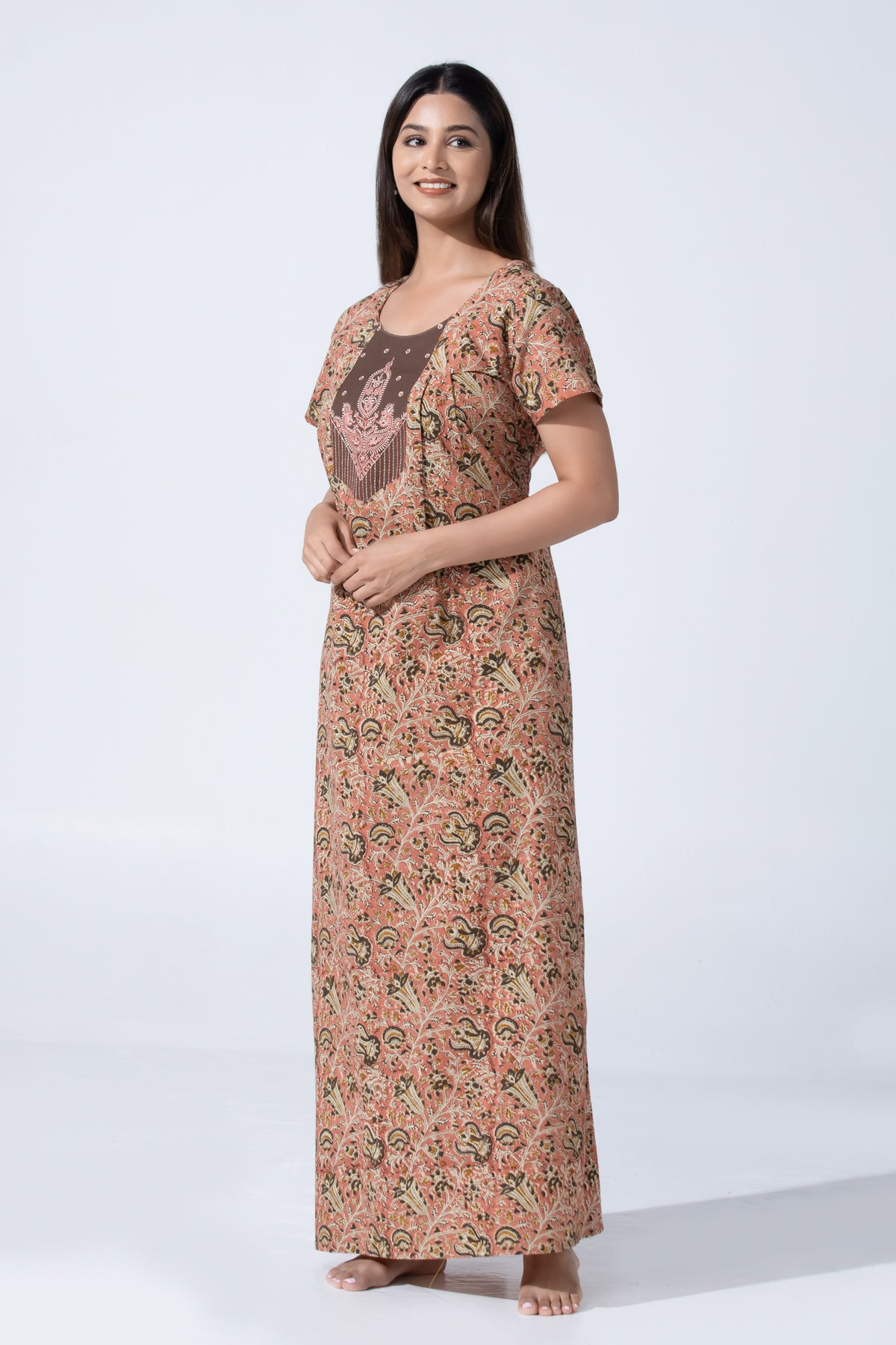Peach Kalamkari Paisley Cotton Nightwear