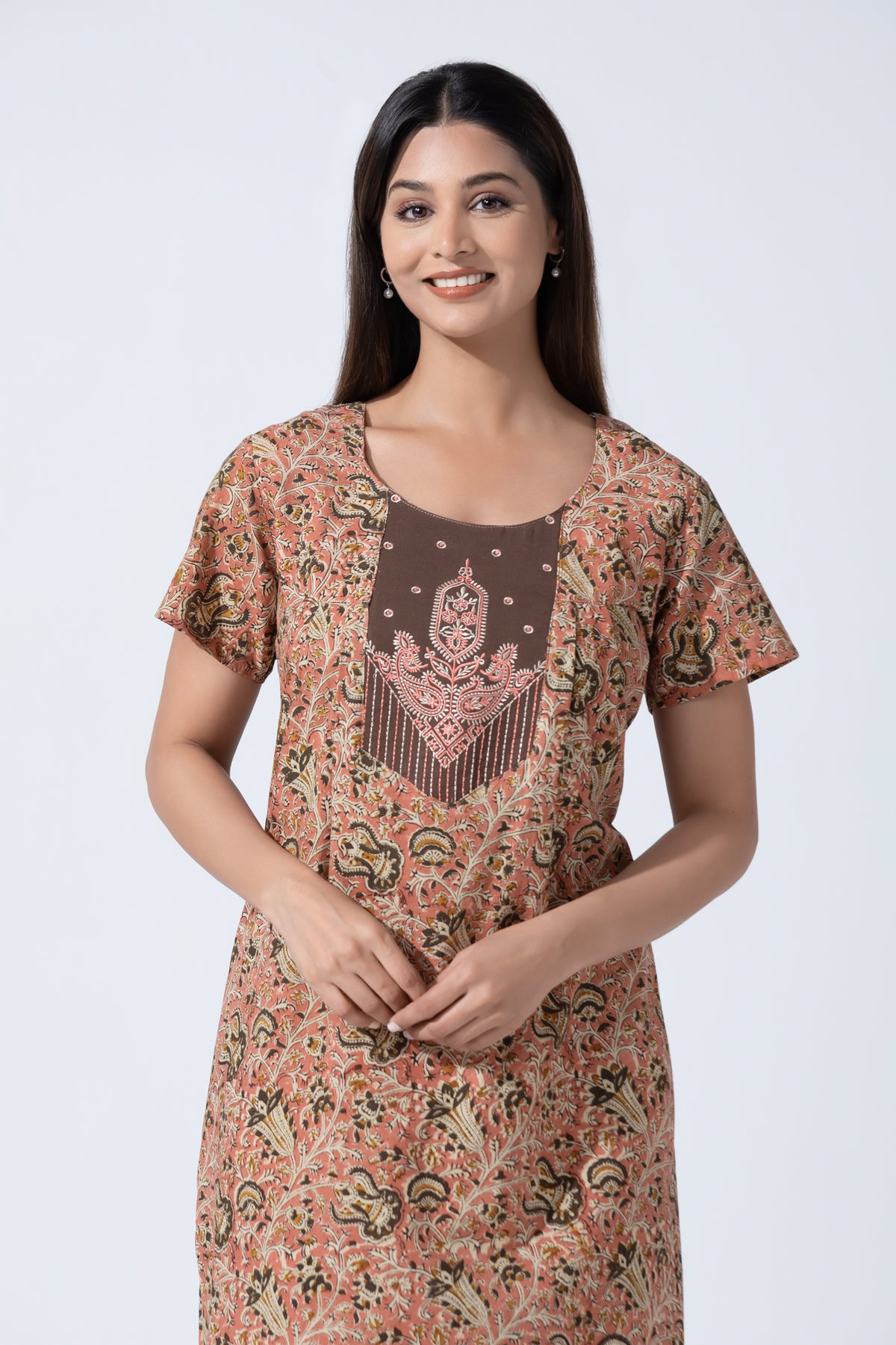 Peach Kalamkari Paisley Cotton Nightwear