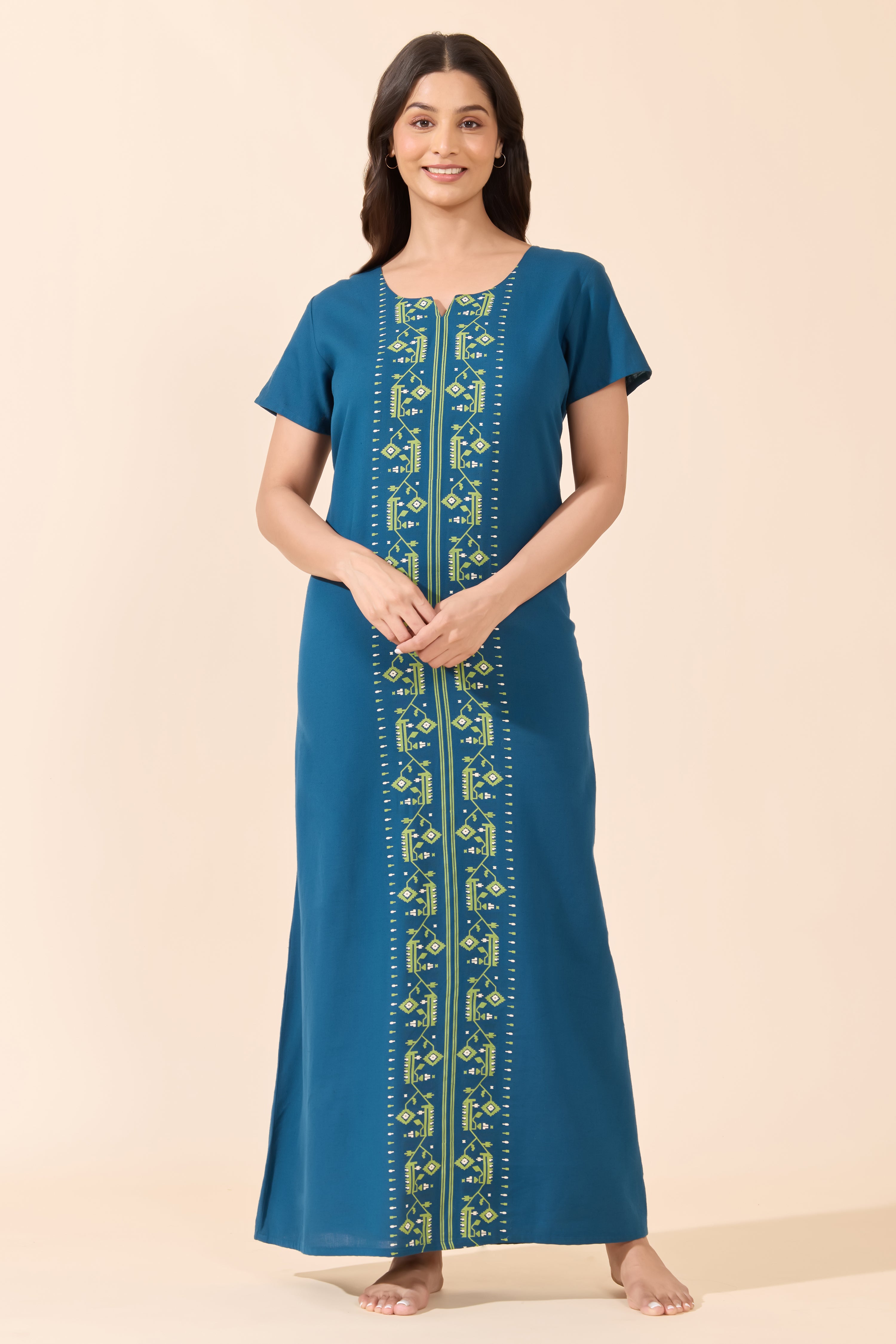 Turquoise Jamdhani Cotton Nightwear
