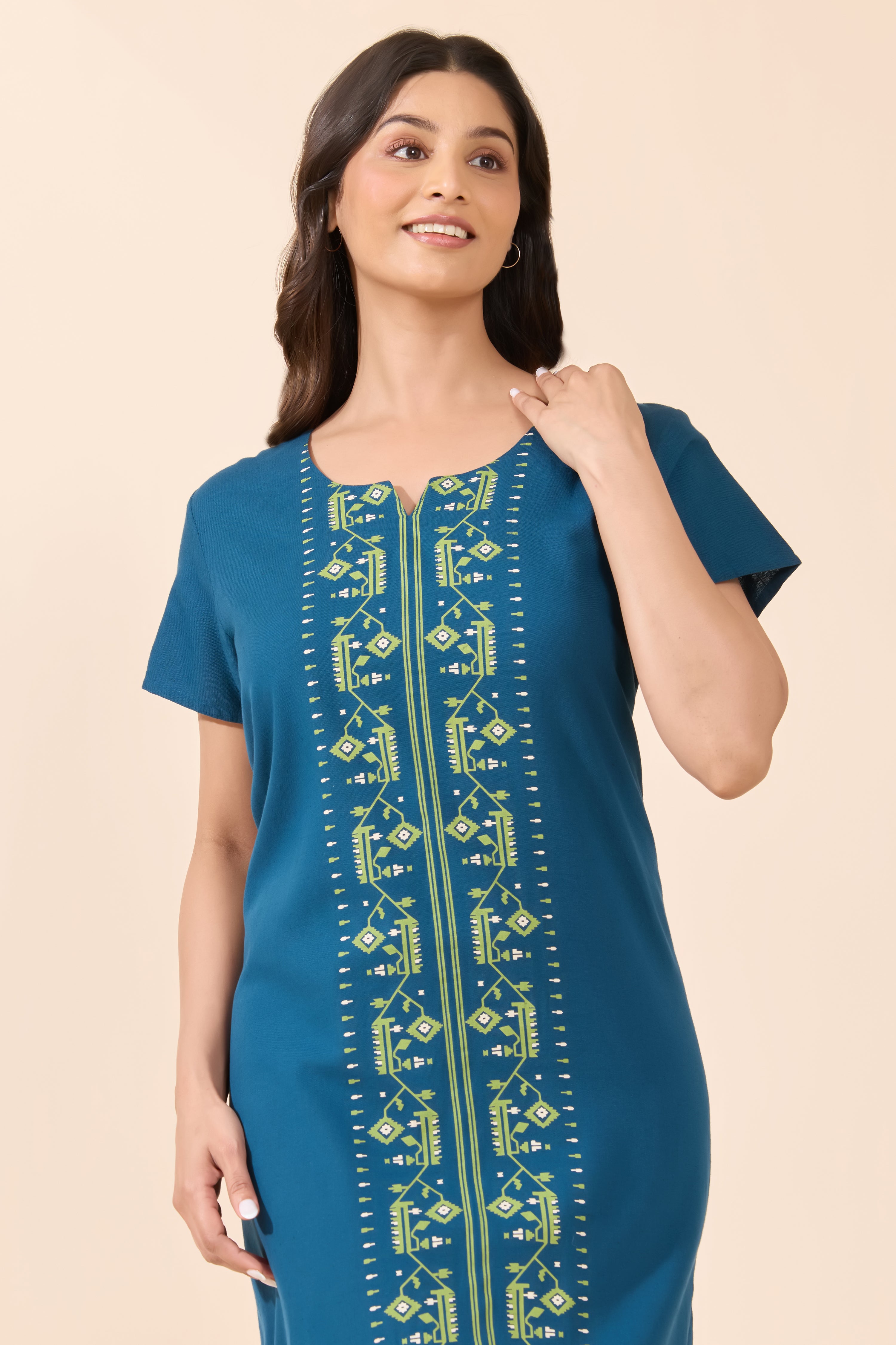Turquoise Jamdhani Cotton Nightwear