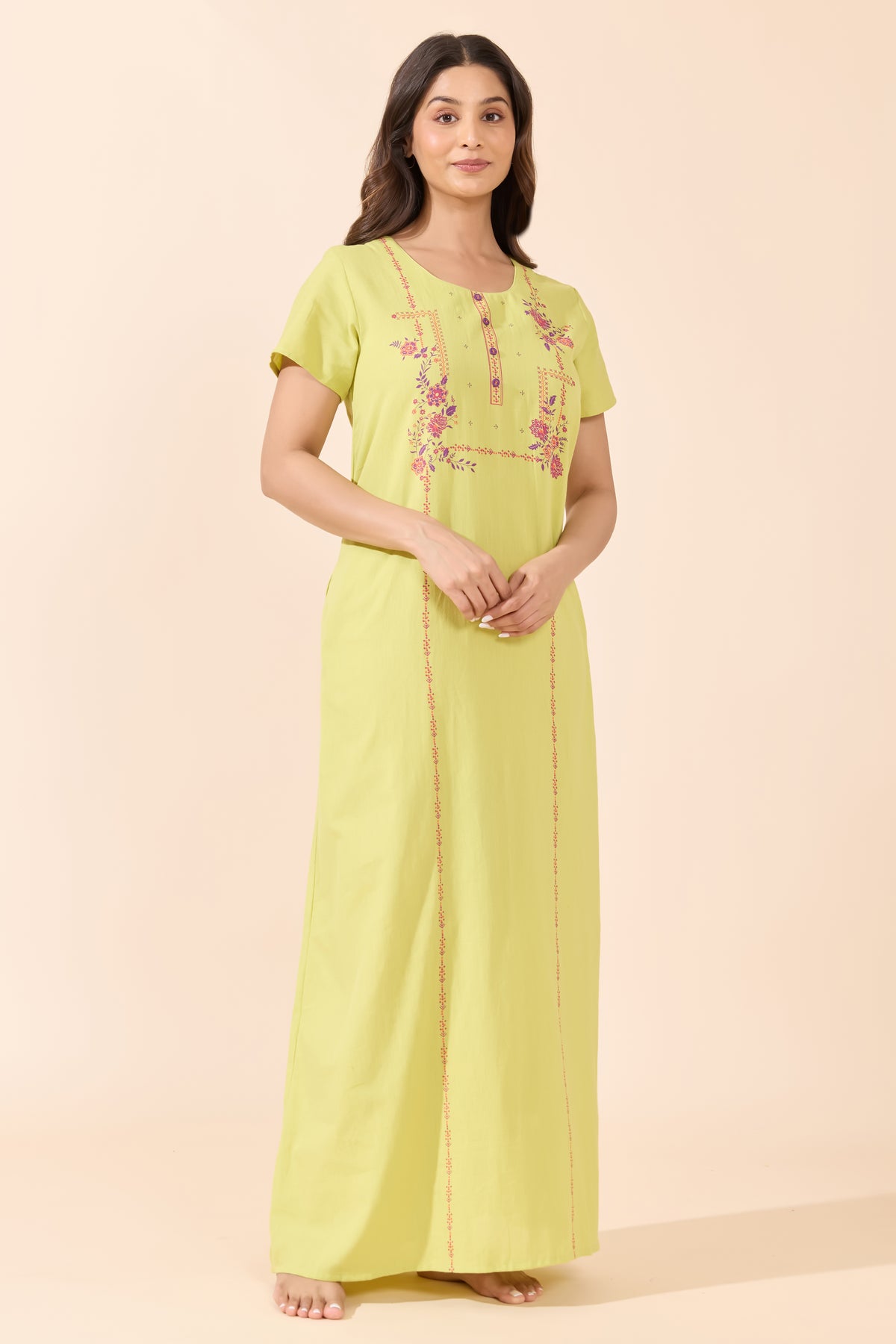 Green Solid Cotton Nightwear With Floral Print Yoke