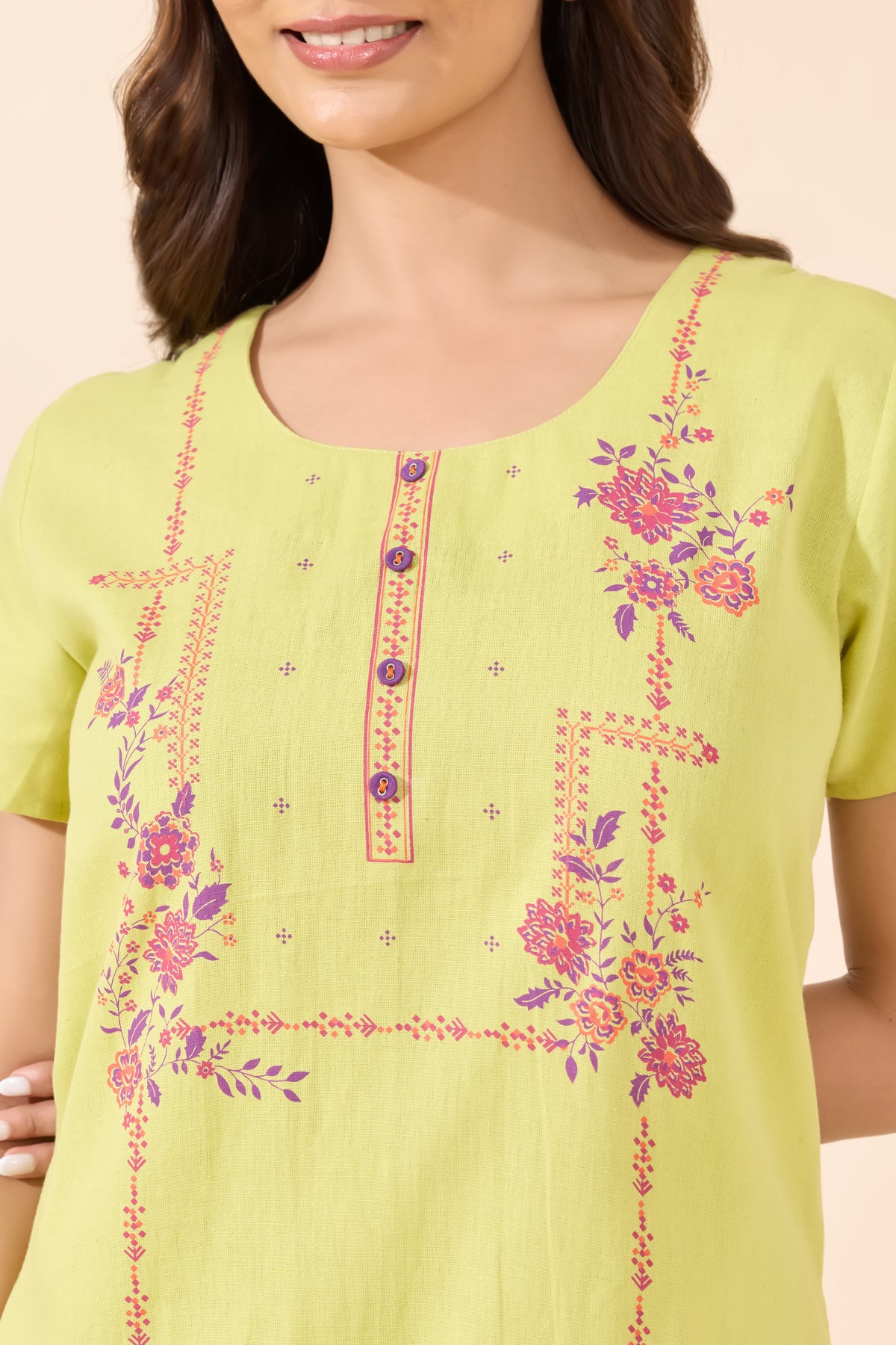 Green Solid Cotton Nightwear With Floral Print Yoke