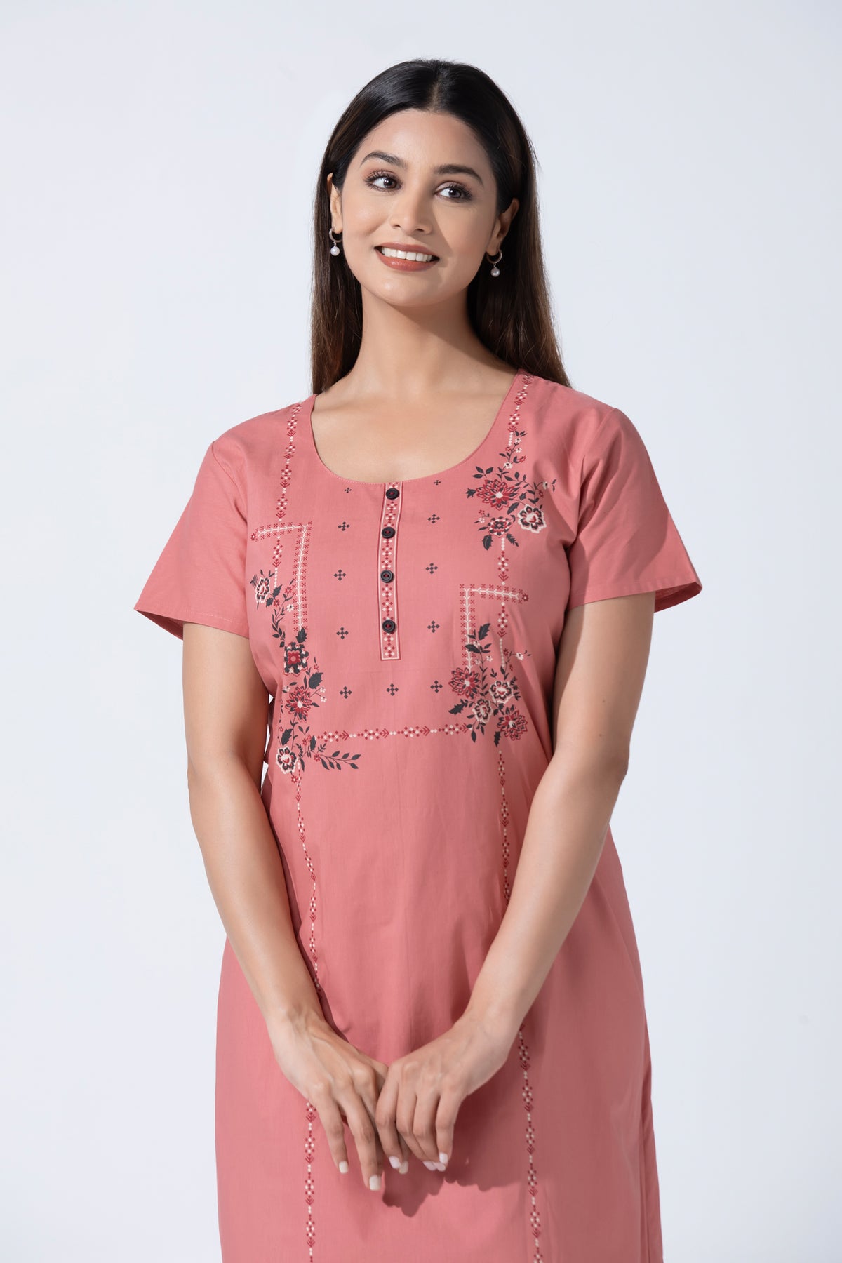 Peach Solid Cotton Nightwear With Floral Print