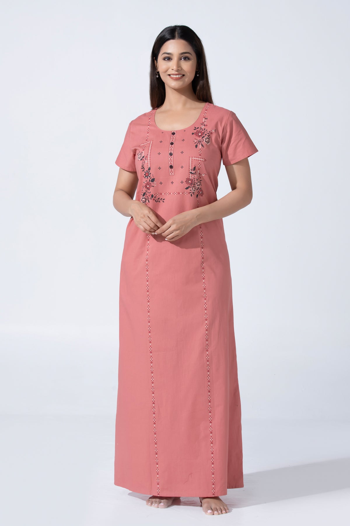Peach Solid Cotton Nightwear With Floral Print