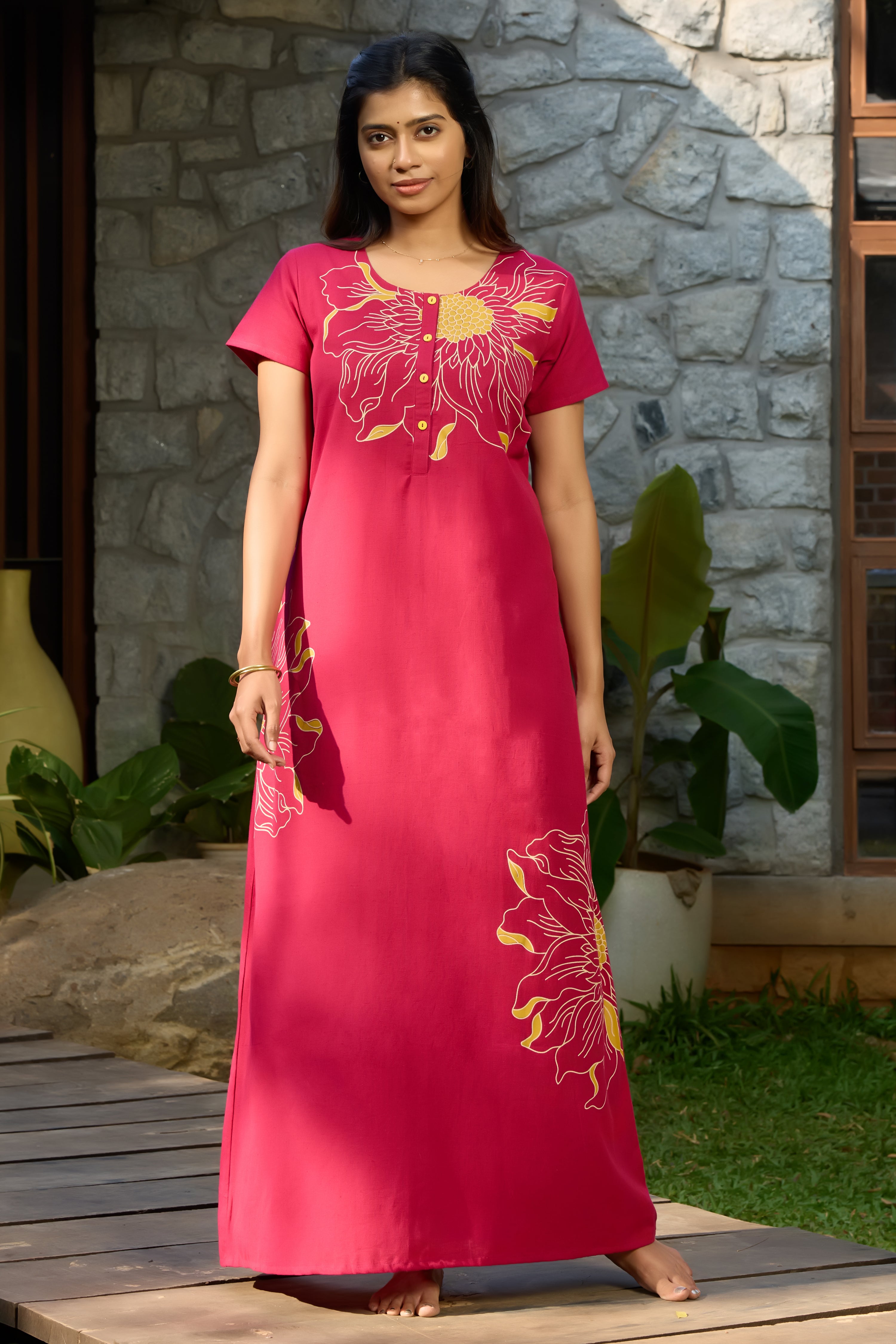 Pink Floral Print Cotton Nightwear