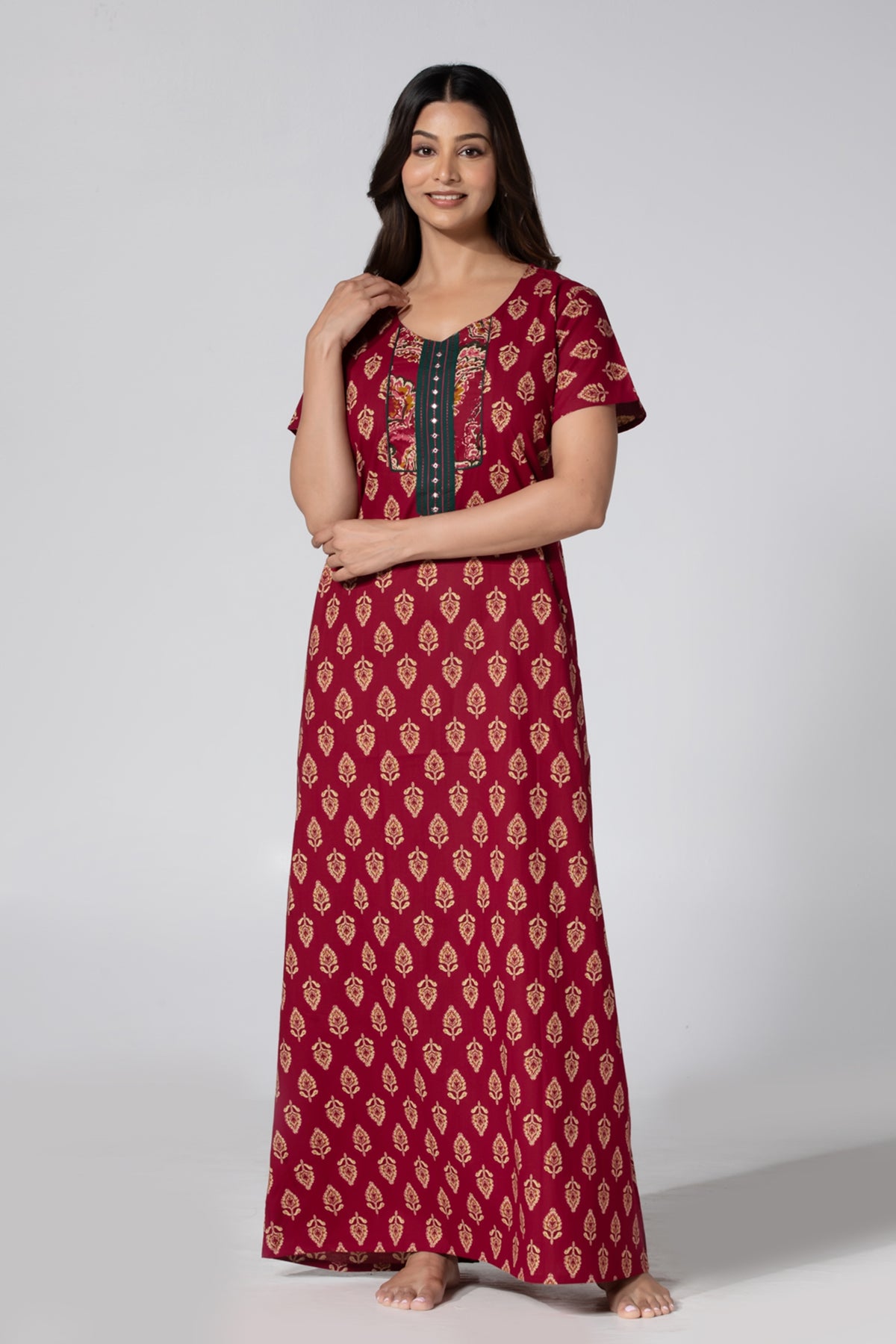 Maroon Floral Printed Cotton Nightwear With Embellished Placktet