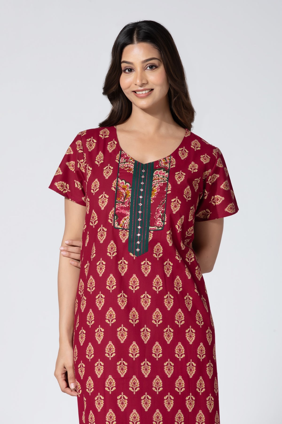 Maroon Floral Printed Cotton Nightwear With Embellished Placktet