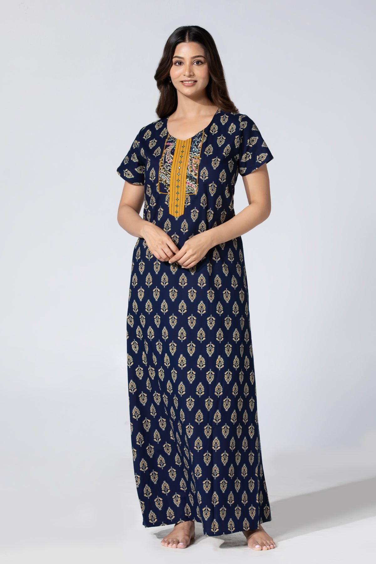 Navy Blue Floral Printed Cotton Nightwear With Embellished Placktet