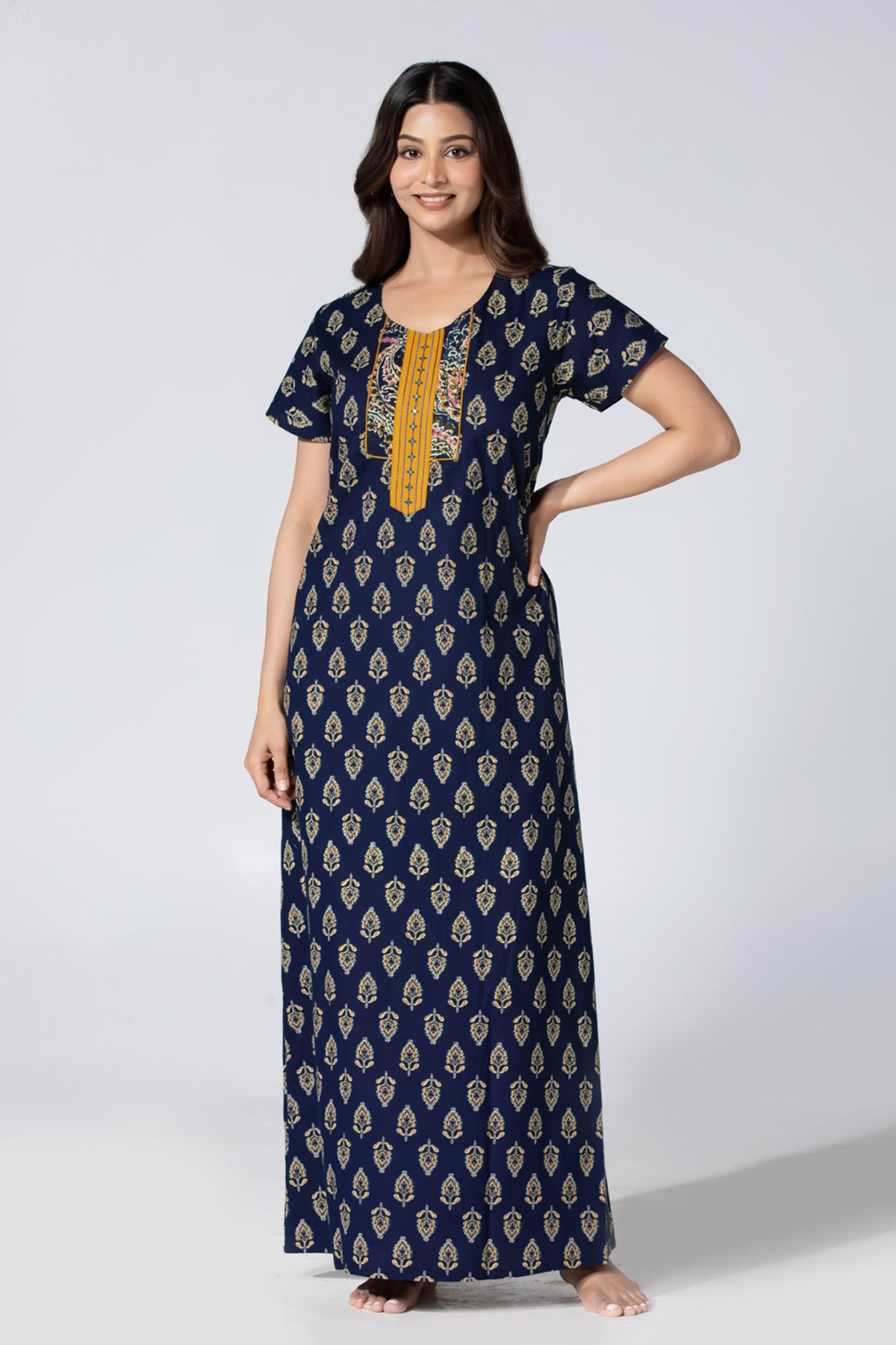 Navy Blue Floral Printed Cotton Nightwear With Embellished Placktet