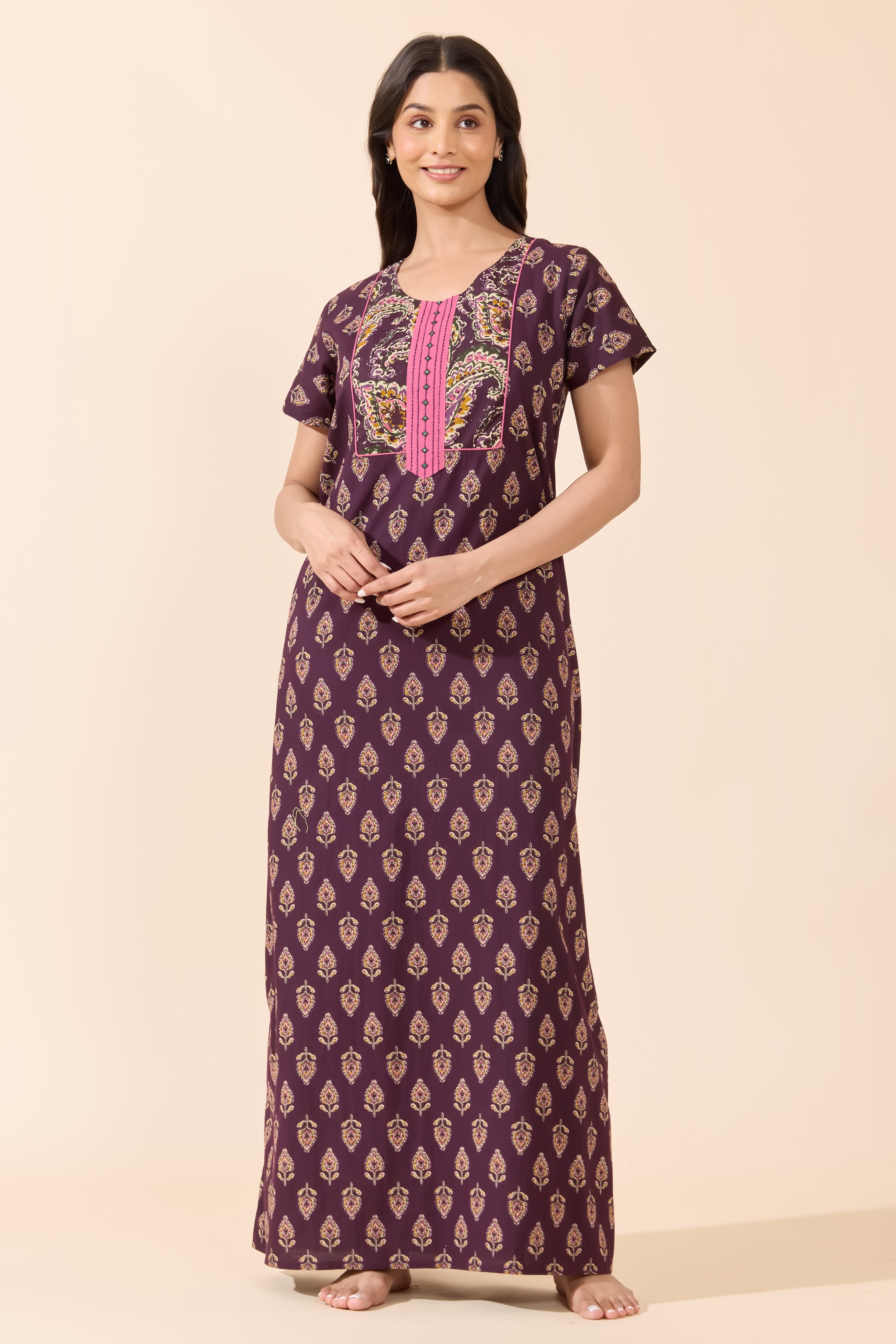 Purple Floral Printed Cotton Nightwear