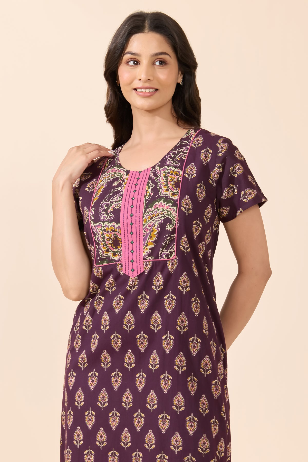 Purple Floral Printed Cotton Nightwear