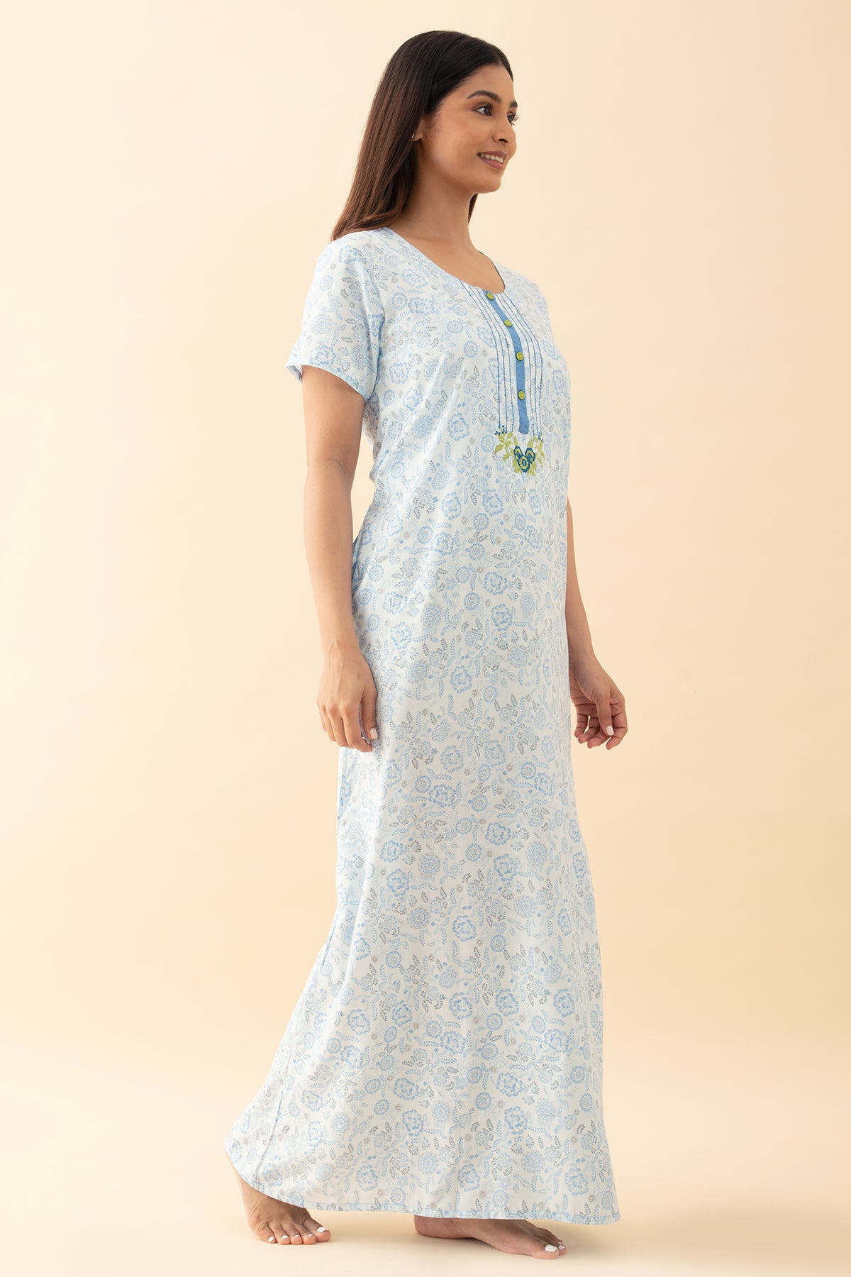 Ditsy Floral Printed Nighty - Blue