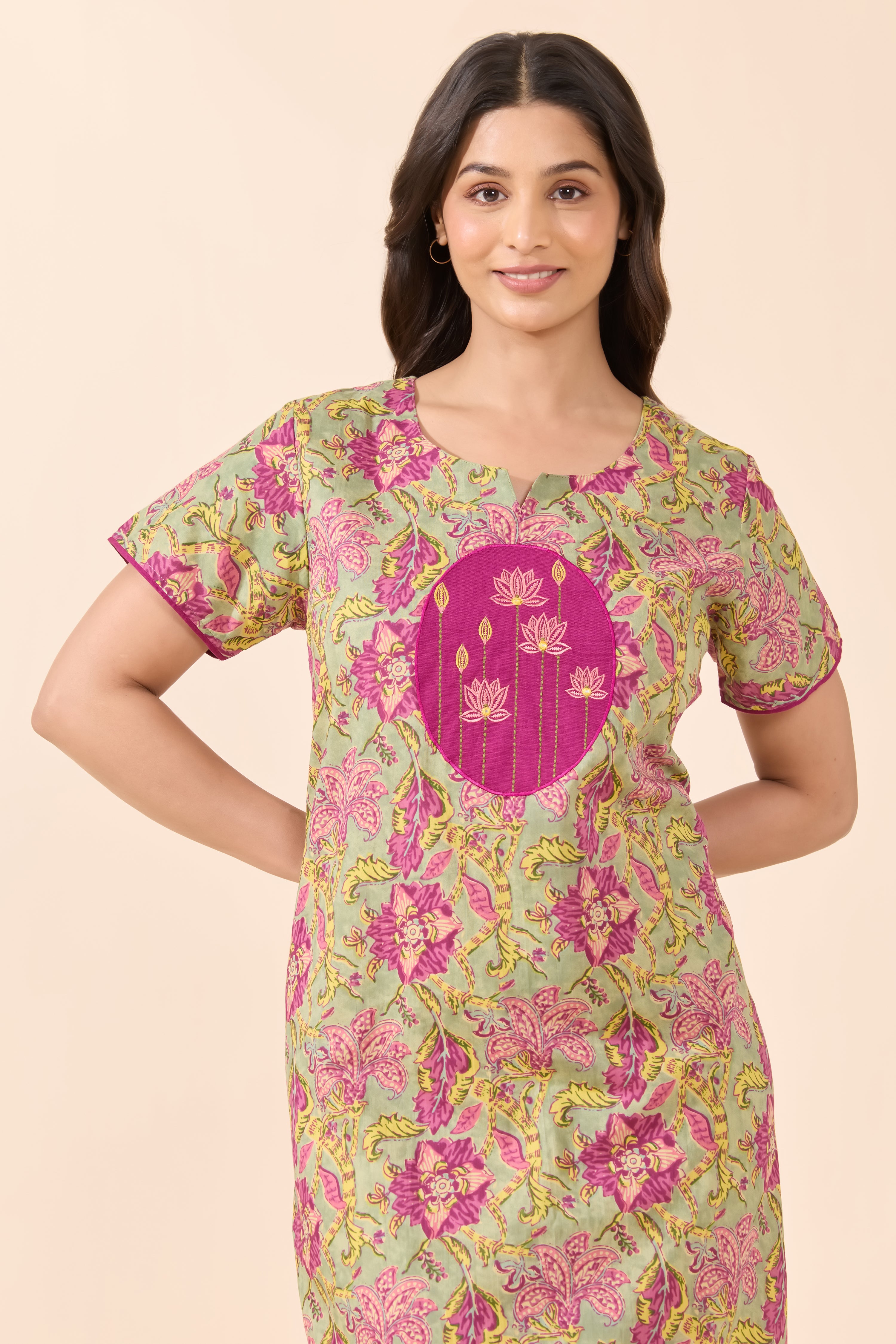 GREEN LOTUS EMBROIDERRY FLORAL COTTON NIGHTWEAR