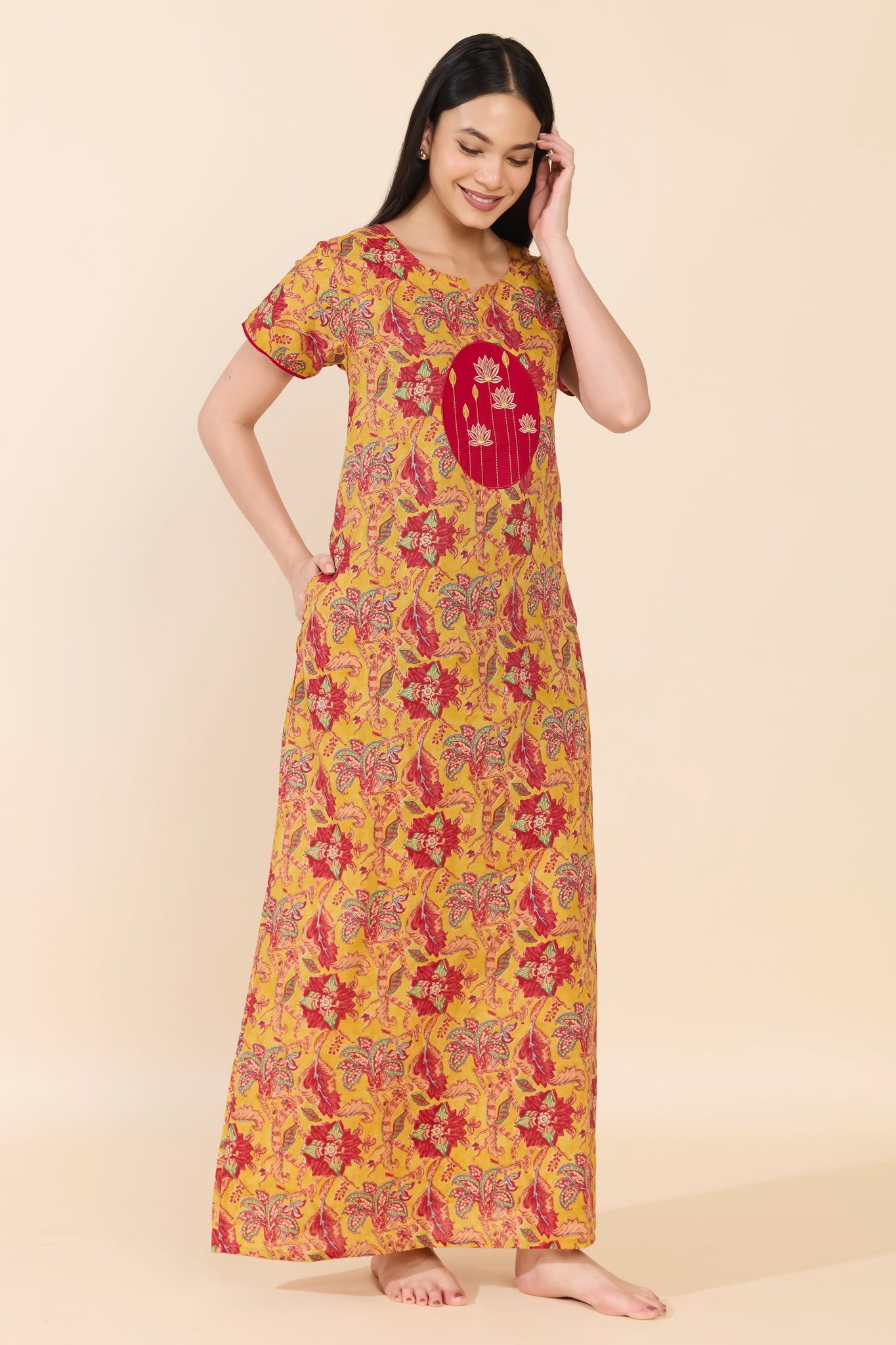 MUSTARD LOTUS EMBROIDERY FLORAL COTTON NIGHTWEAR