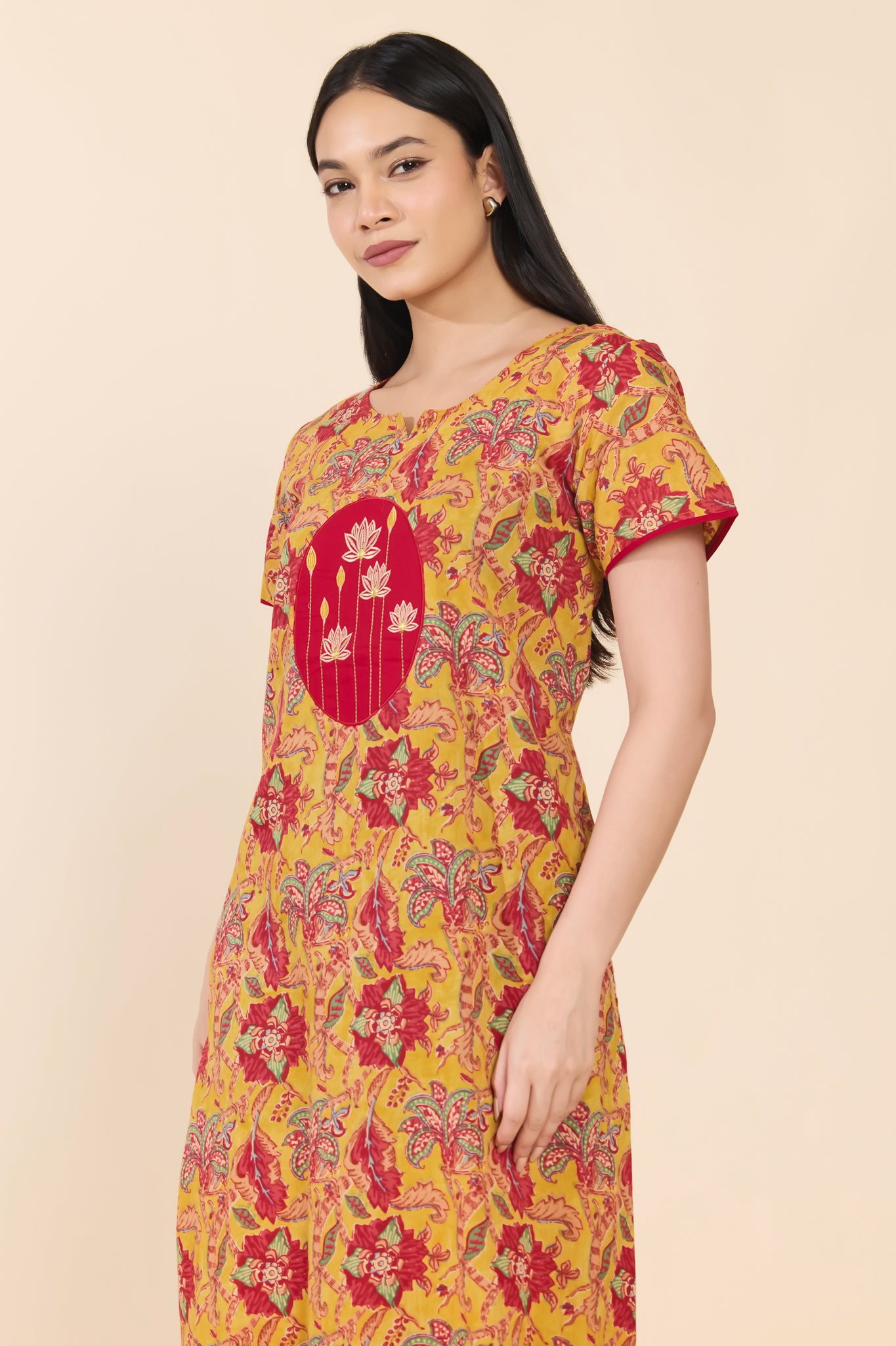 MUSTARD LOTUS EMBROIDERY FLORAL COTTON NIGHTWEAR