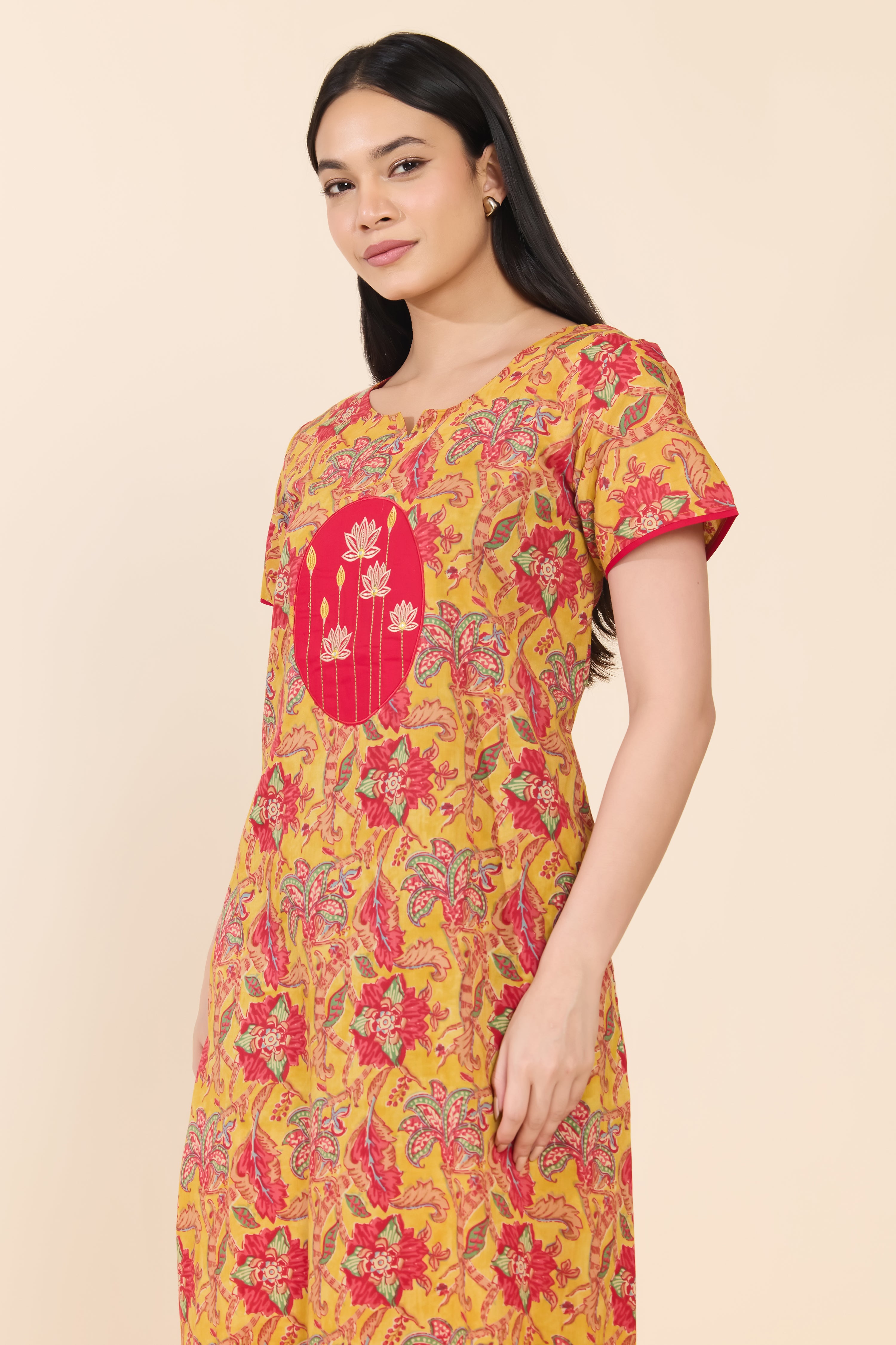 MUSTARD LOTUS EMBROIDERRY FLORAL COTTON NIGHTWEAR