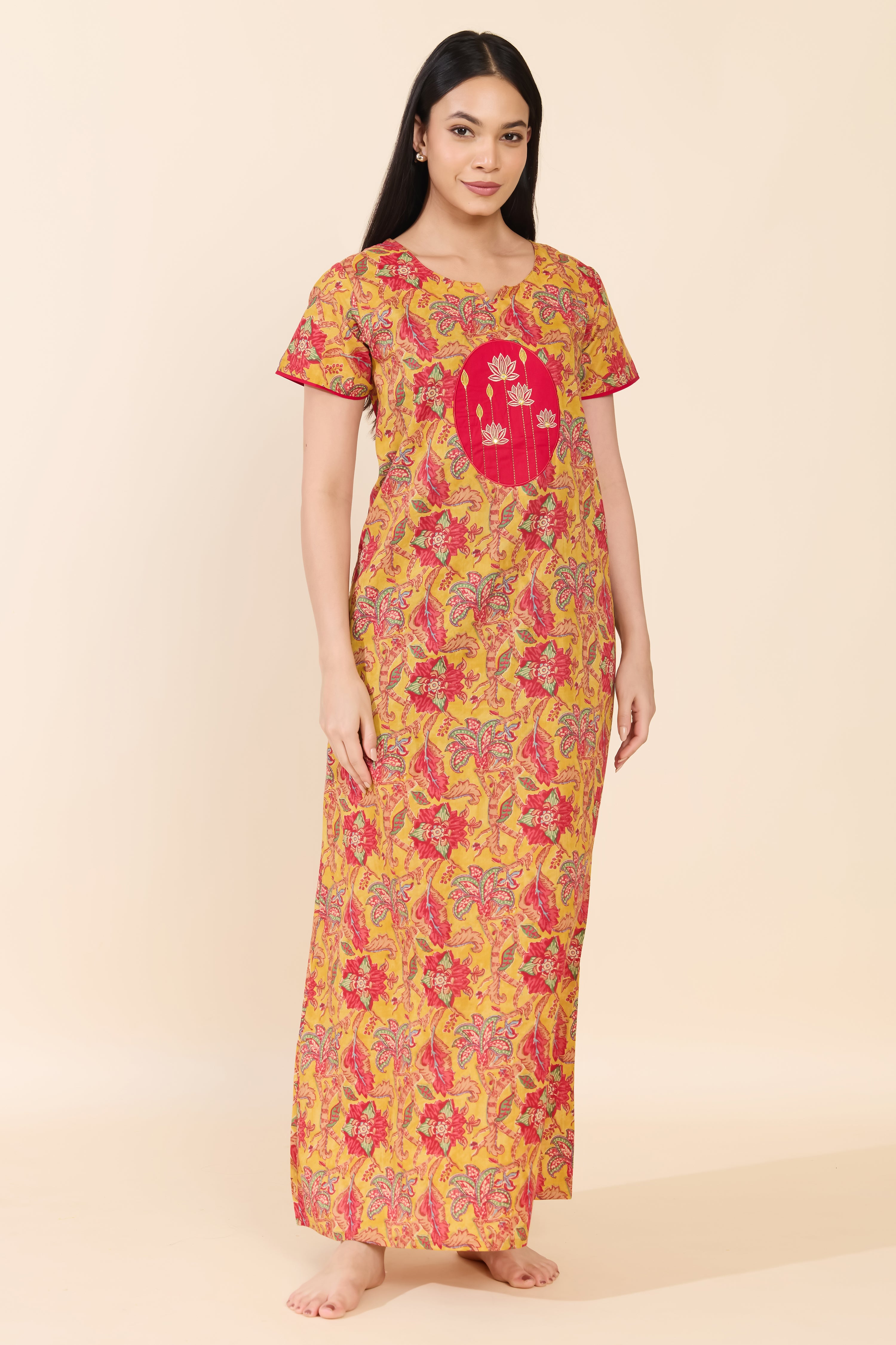 MUSTARD LOTUS EMBROIDERRY FLORAL COTTON NIGHTWEAR