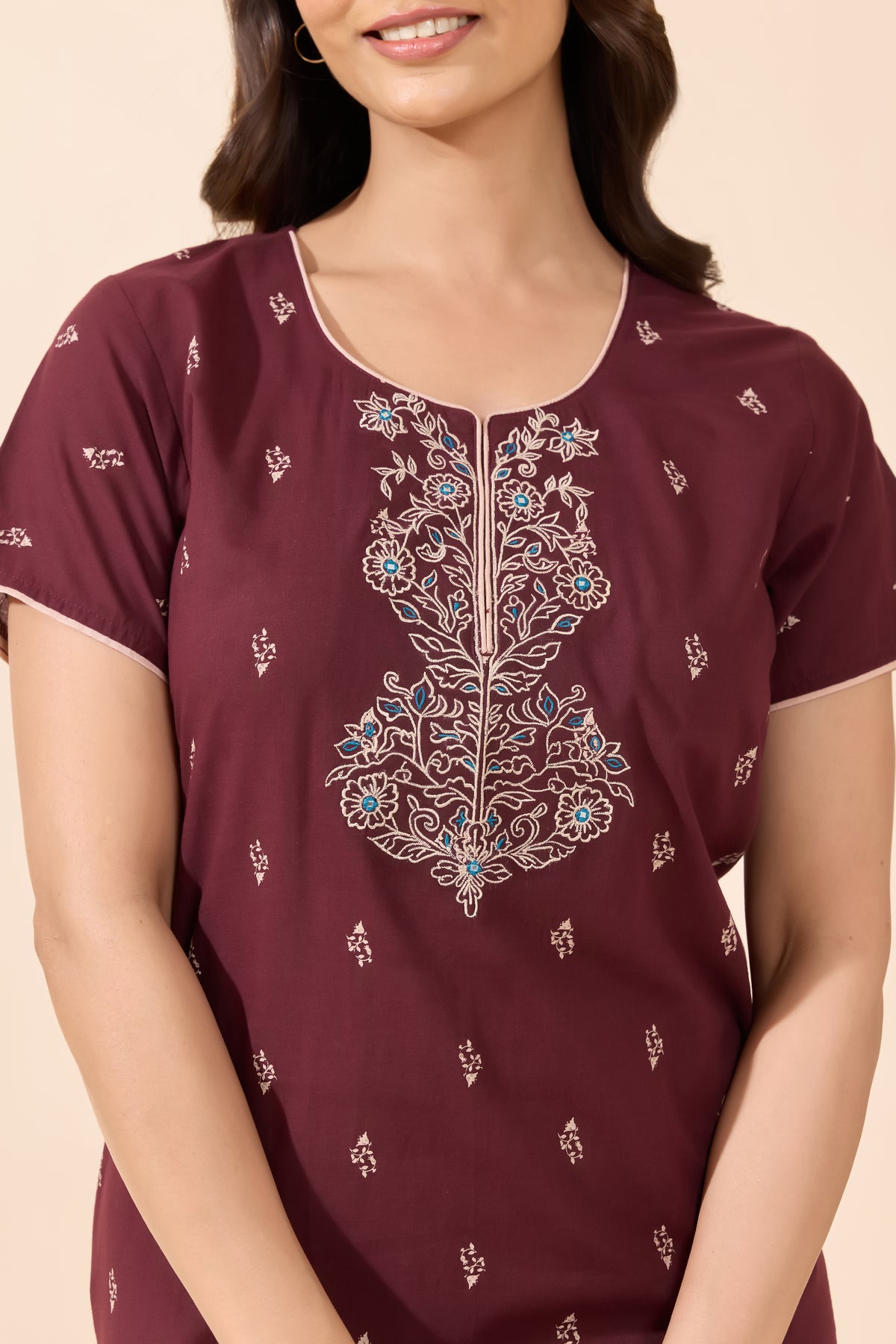 Brown Floral Print Cotton Nightwear With Floral Embroidered Yoke