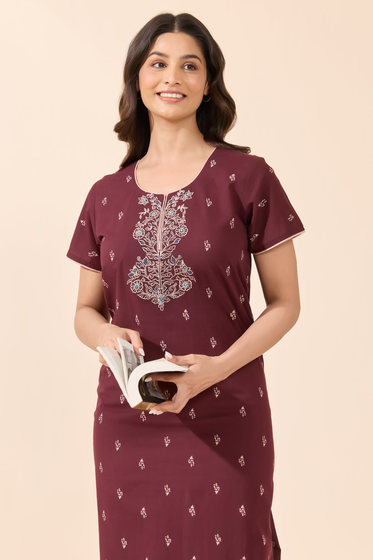 Brown Floral Print Cotton Nightwear With Floral Embroidered Yoke