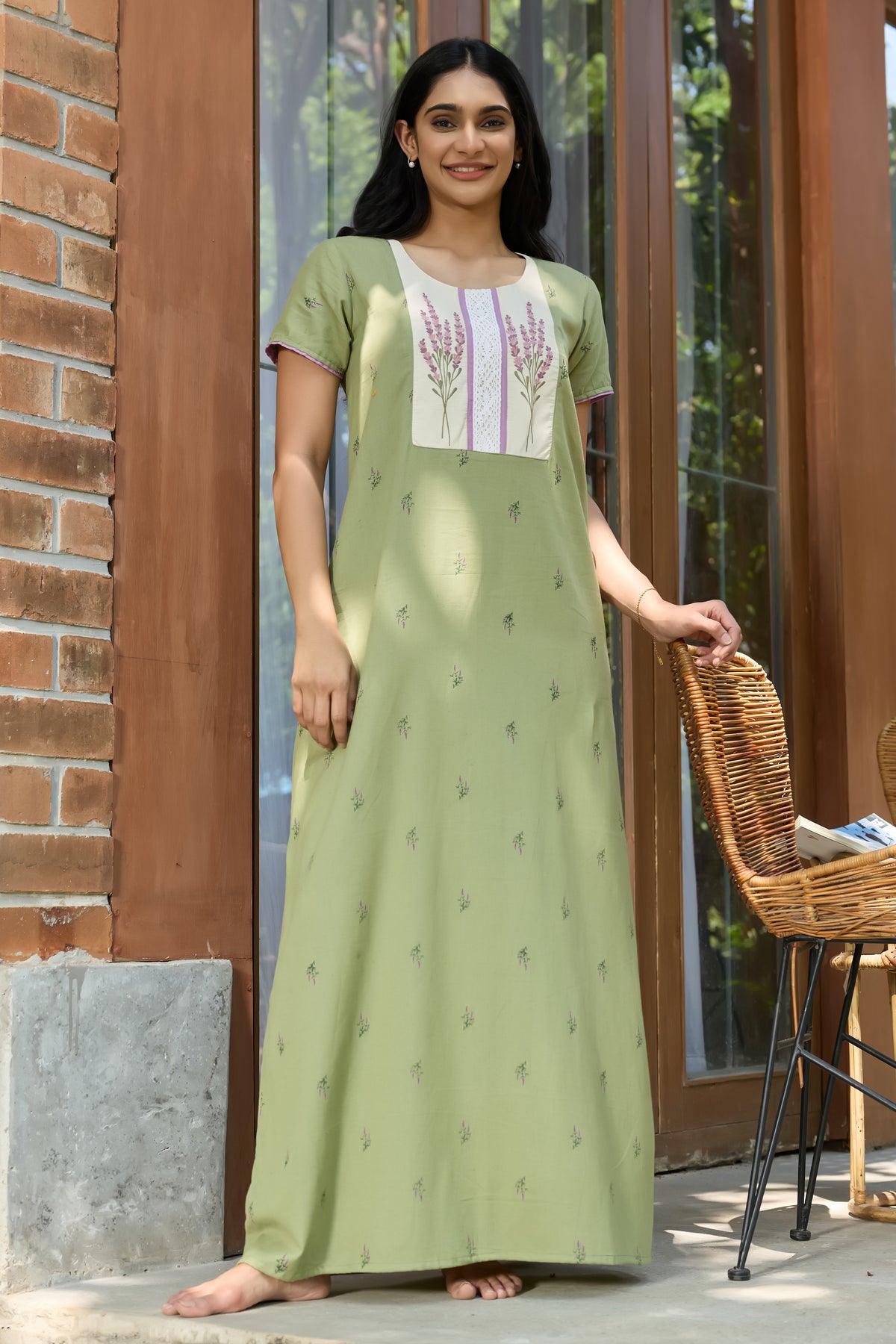 Green Floral Print Cotton Nightwear With Floral Embroidery