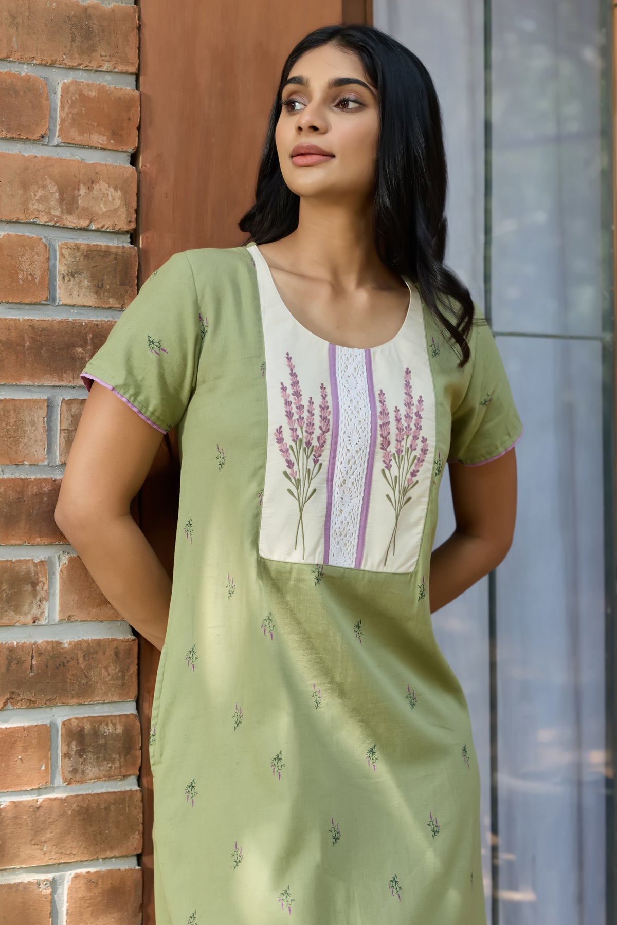Green Floral Print Cotton Nightwear With Floral Embroidery