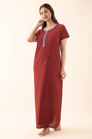 Ethnic Motif Printed Nighty - Maroon