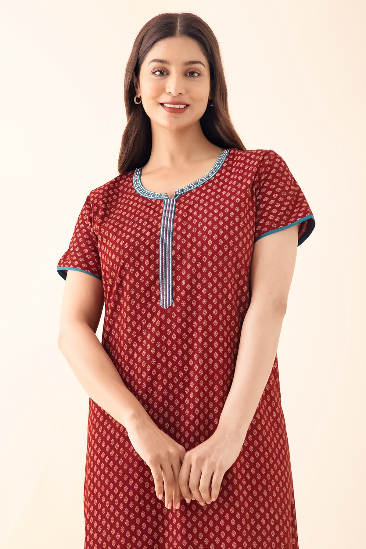 Ethnic Motif Printed Nighty - Maroon