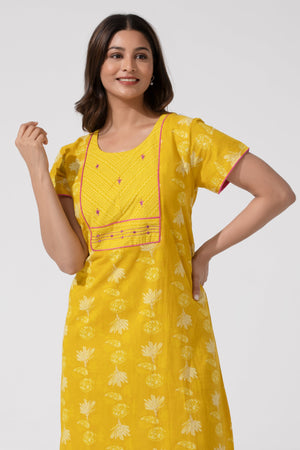 Mustard Coloured Printed Nighty with Foil Mirror Yoke