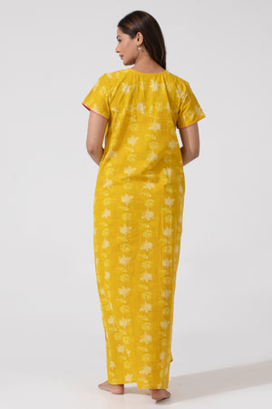 Mustard Coloured Printed Nighty with Foil Mirror Yoke