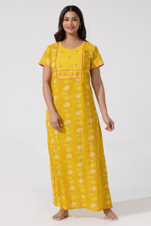Mustard Coloured Printed Nighty with Foil Mirror Yoke
