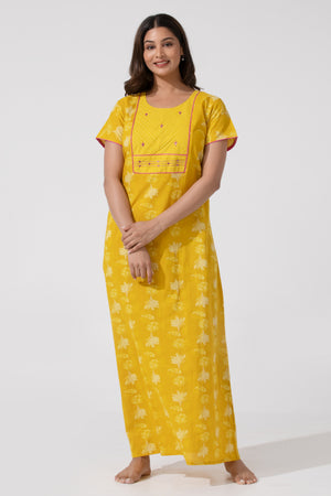 Mustard Coloured Printed Nighty with Foil Mirror Yoke