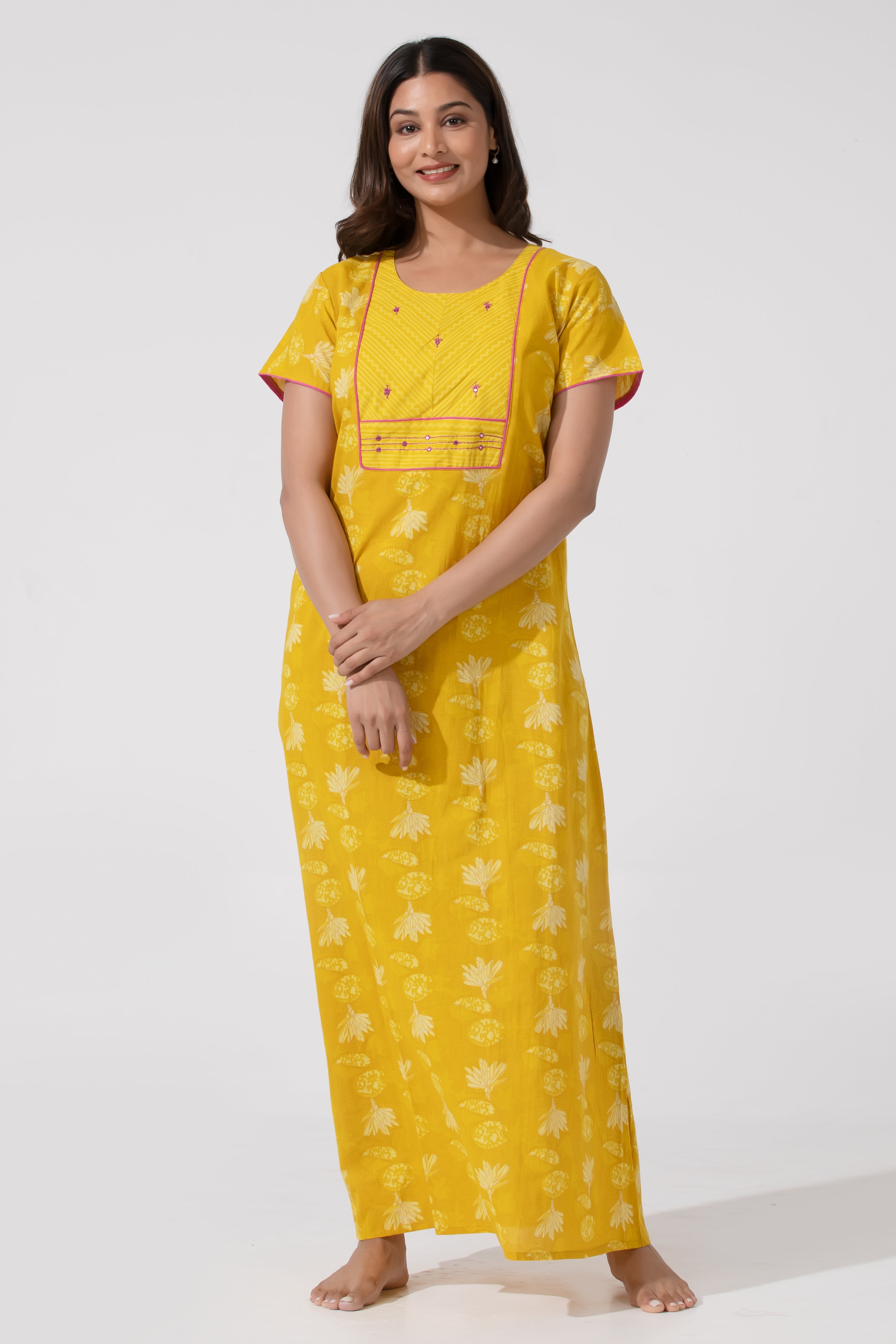 Mustard Coloured Printed Nighty with Foil Mirror Yoke
