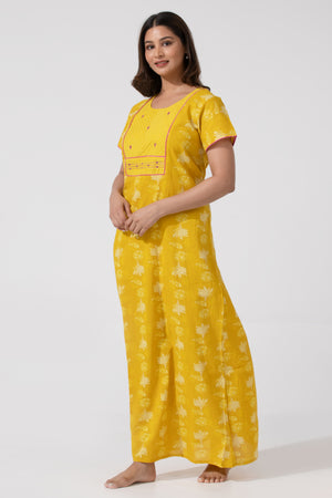 Mustard Coloured Printed Nighty with Foil Mirror Yoke