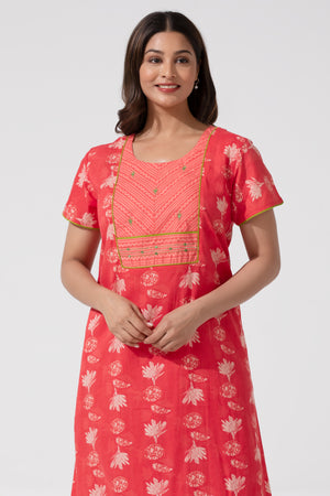 Peach Printed Cotton Nightwear with Foil Mirror Yoke
