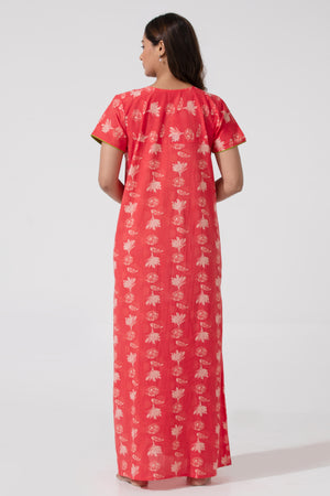 Peach Printed Cotton Nightwear with Foil Mirror Yoke