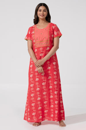 Peach Printed Cotton Nightwear with Foil Mirror Yoke
