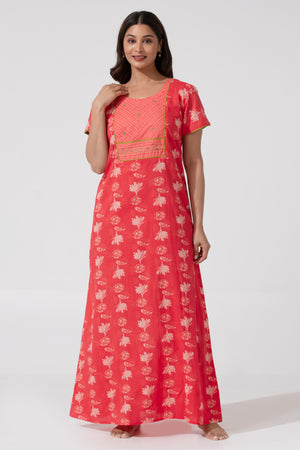 Peach Printed Cotton Nightwear with Foil Mirror Yoke