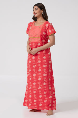 Peach Printed Cotton Nightwear with Foil Mirror Yoke