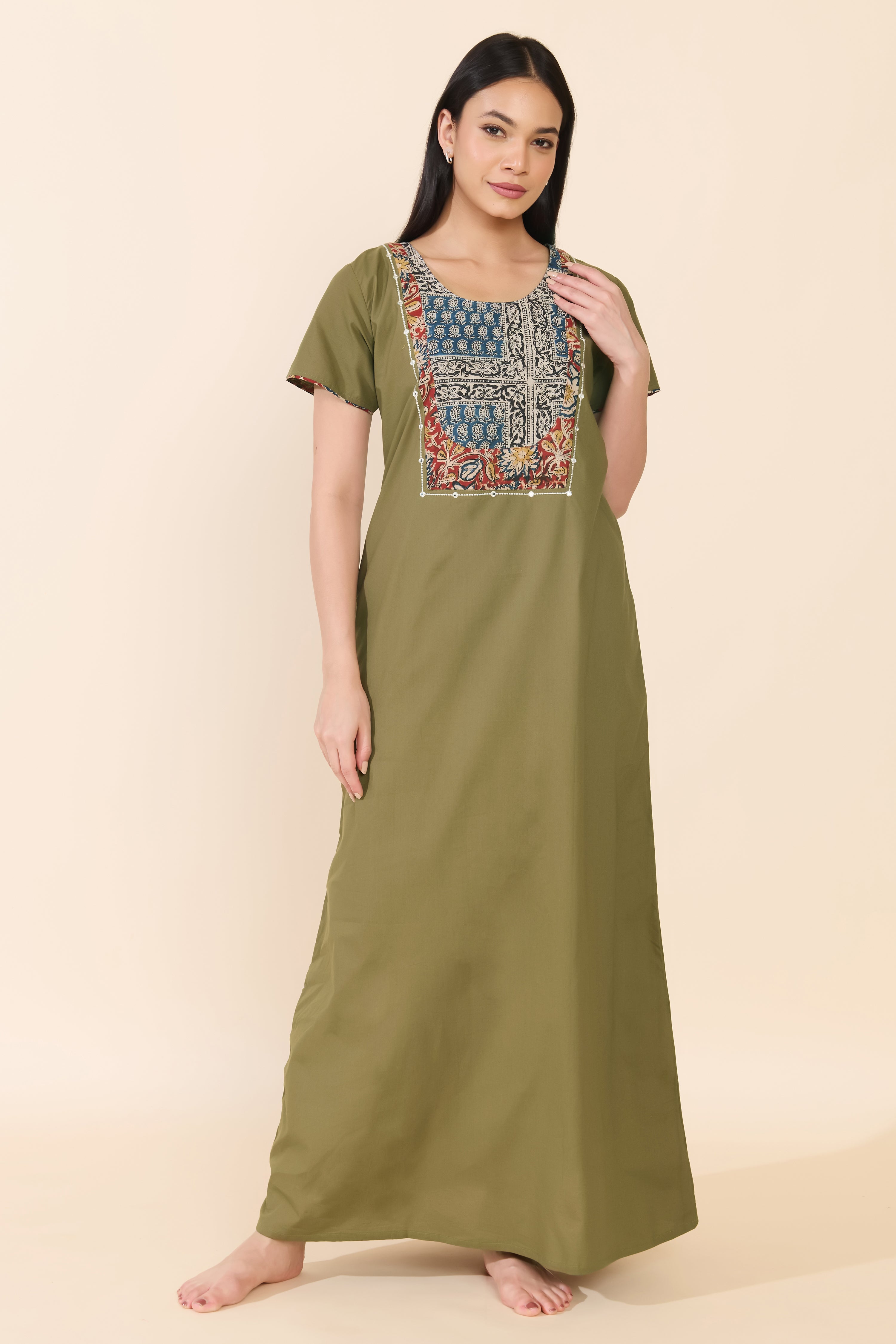 GREEN SOLID KALAMKARI COTTON NIGHTWEAR