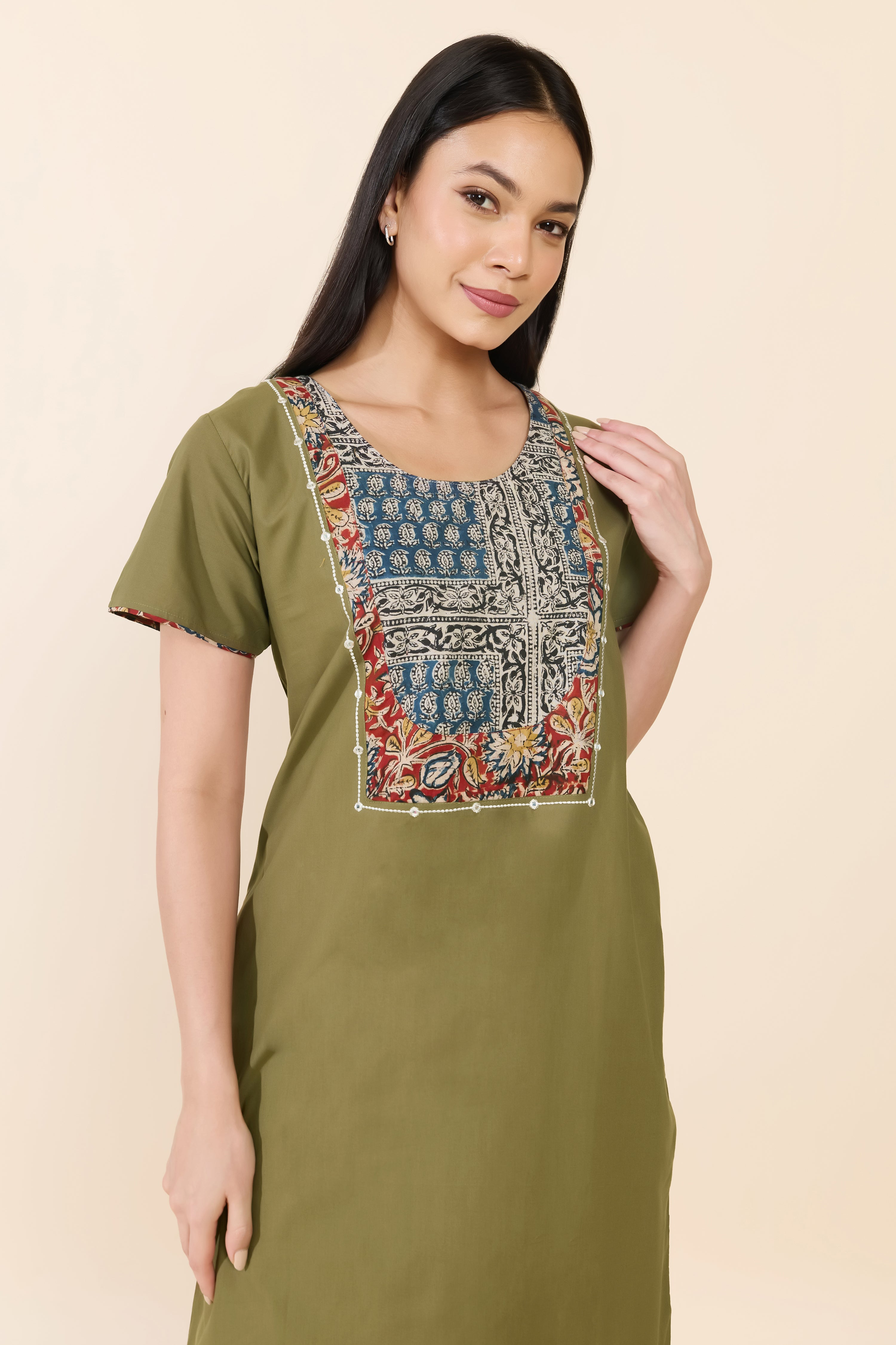 GREEN SOLID KALAMKARI COTTON NIGHTWEAR