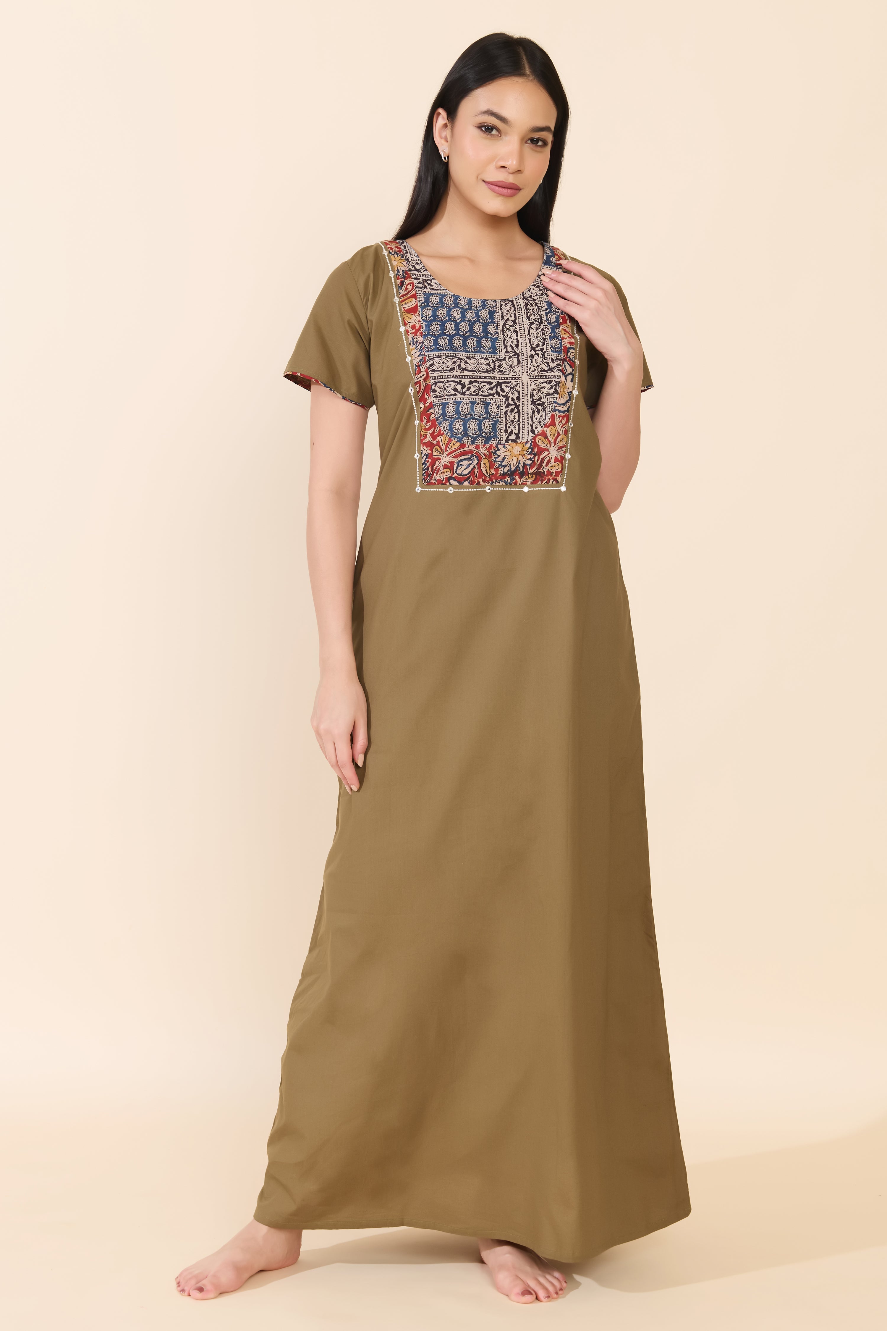 GREEN SOLID KALAMKARI COTTON NIGHTWEAR