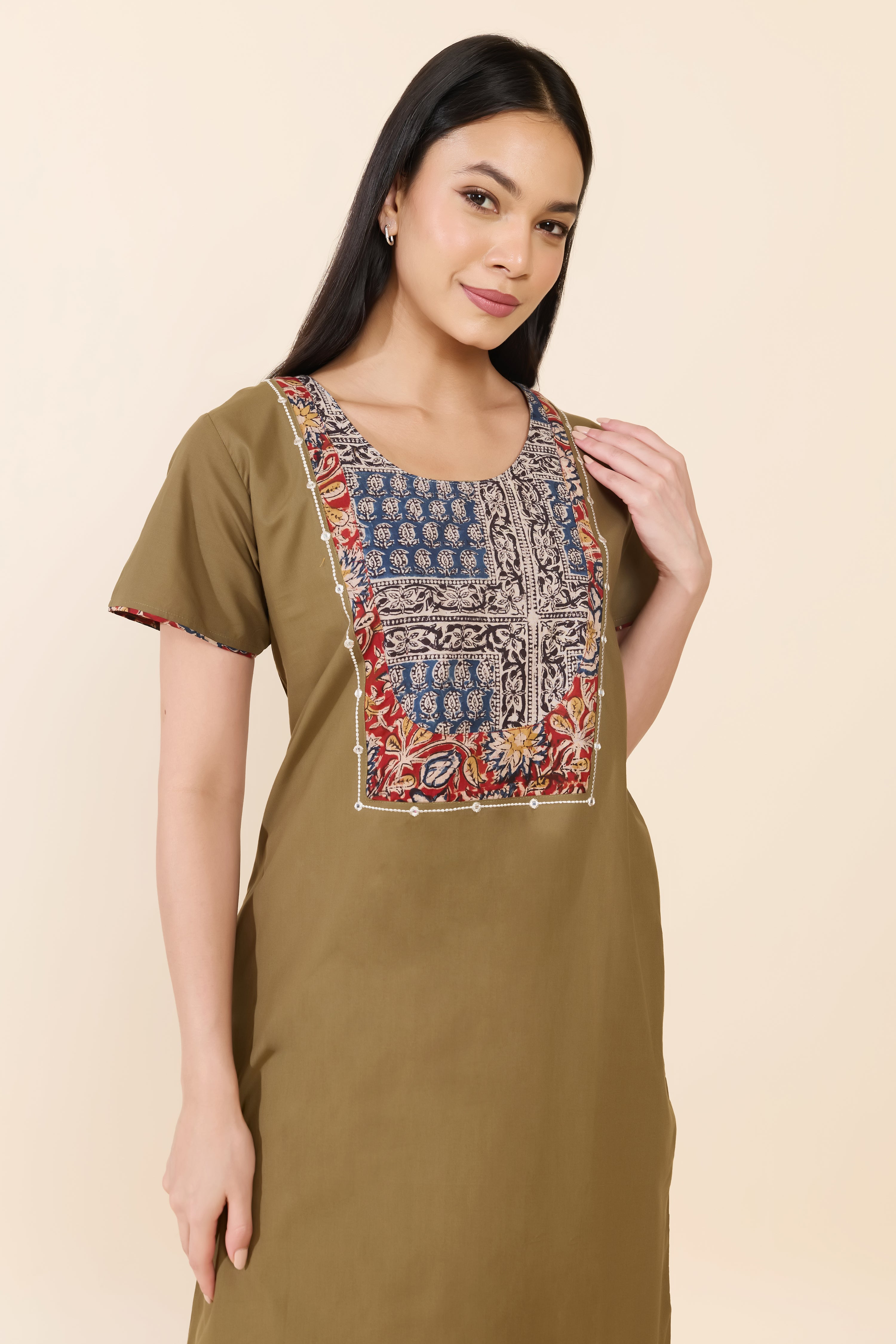 GREEN SOLID KALAMKARI COTTON NIGHTWEAR