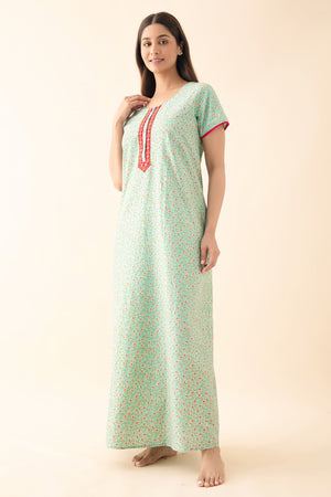Ditsy Floral Printed & Embroidered Nighty - Aqua Blue
