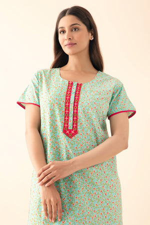 Ditsy Floral Printed & Embroidered Nighty - Aqua Blue