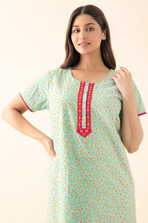 Ditsy Floral Printed & Embroidered Nighty - Aqua Blue