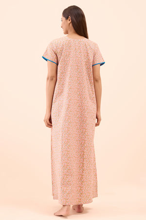 Ditsy Floral Printed & Embroidered Nighty - Peach