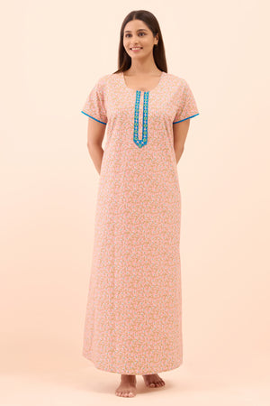 Ditsy Floral Printed & Embroidered Nighty - Peach